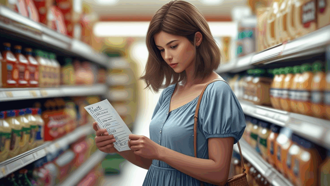 Mulher comparando preços no supermercado com lista de compras, ilustrando o desafio da alta nos preços. Estilo educativo e acessível.