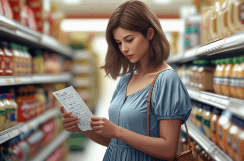 Mulher comparando preços no supermercado com lista de compras, ilustrando o desafio da alta nos preços. Estilo educativo e acessível.
