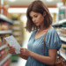 Mulher comparando preços no supermercado com lista de compras, ilustrando o desafio da alta nos preços. Estilo educativo e acessível.