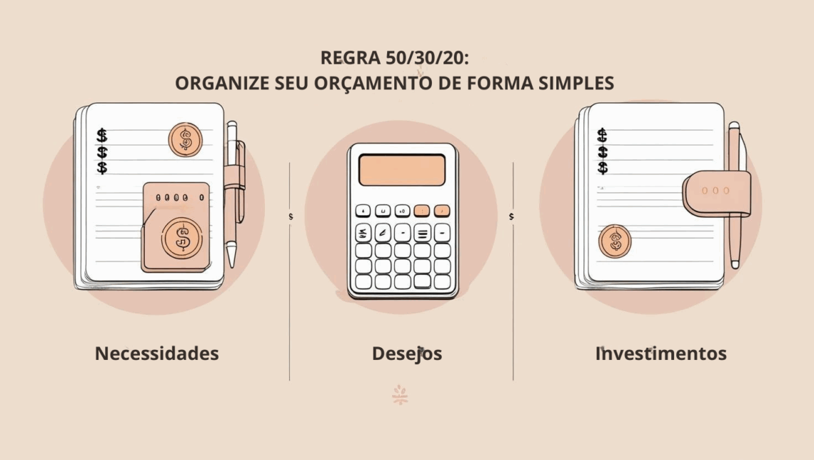 Ilustração mostrando a divisão do orçamento pessoal com a regra 50/30/20: 50% para necessidades, 30% para desejos e 20% para poupança ou dívidas. A imagem inclui uma calculadora, ícones de dinheiro e uma pessoa organizando finanças em um caderno. Estilo moderno e educativo.
