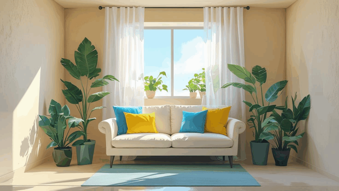 Sala pequena e moderna com paredes claras, sofá branco com almofadas coloridas, cortinas leves e plantas, iluminada por luz natural.