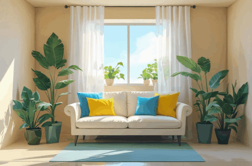 Sala pequena e moderna com paredes claras, sofá branco com almofadas coloridas, cortinas leves e plantas, iluminada por luz natural.