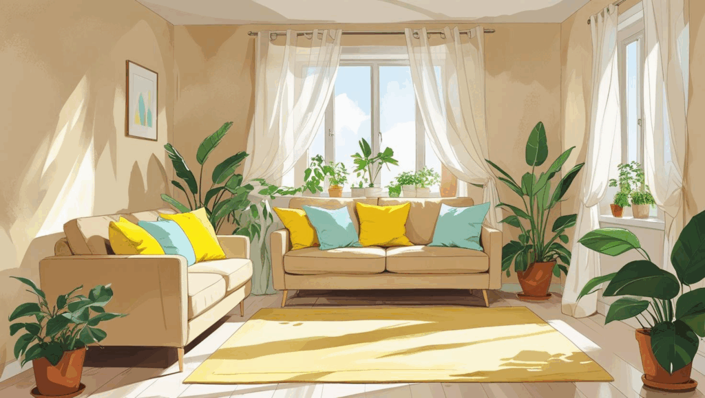 Sala pequena e moderna com paredes claras, sofá branco com almofadas coloridas, cortinas leves e plantas, iluminada por luz natural.