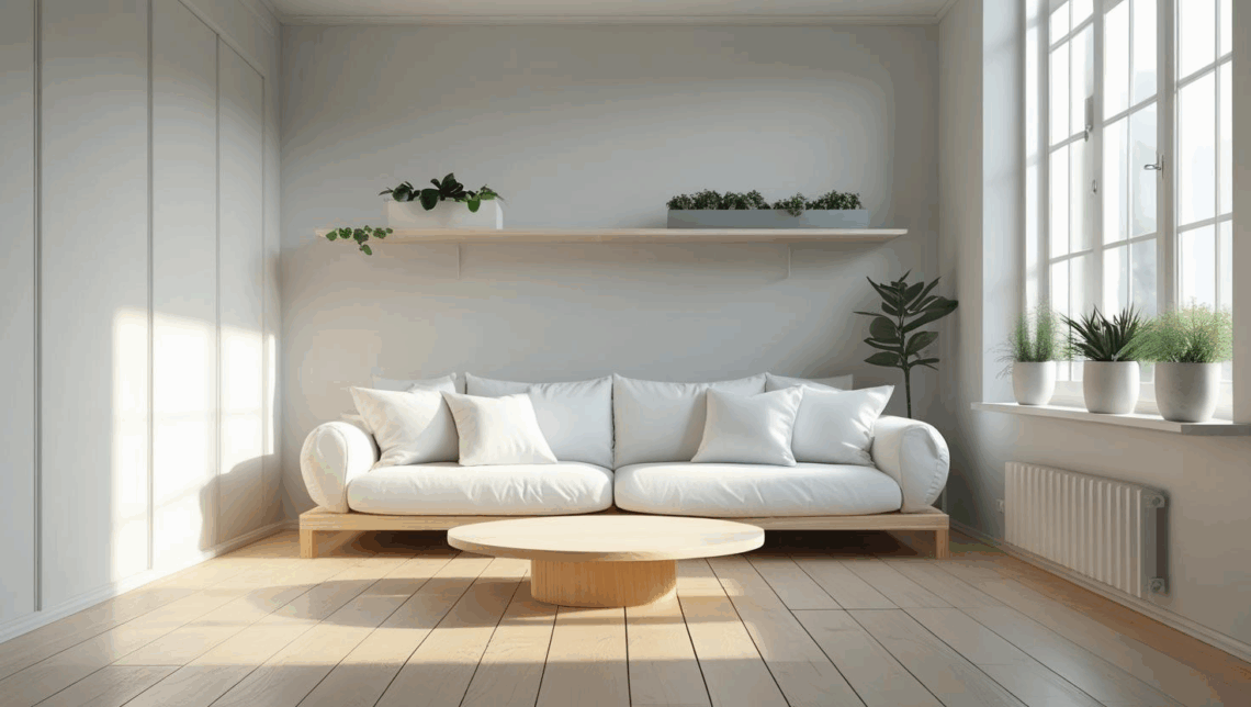 Ambiente minimalista e organizado, com poucos móveis e objetos, iluminado por luz natural, transmitindo sensação de leveza e simplicidade.