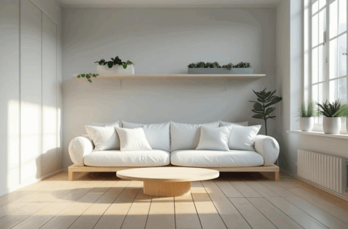 Ambiente minimalista e organizado, com poucos móveis e objetos, iluminado por luz natural, transmitindo sensação de leveza e simplicidade.