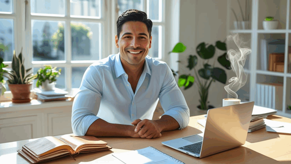 Pessoa trabalhando em mesa organizada com agenda, laptop e café, simbolizando foco, planejamento e produtividade.