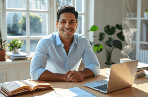 Pessoa trabalhando em mesa organizada com agenda, laptop e café, simbolizando foco, planejamento e produtividade.