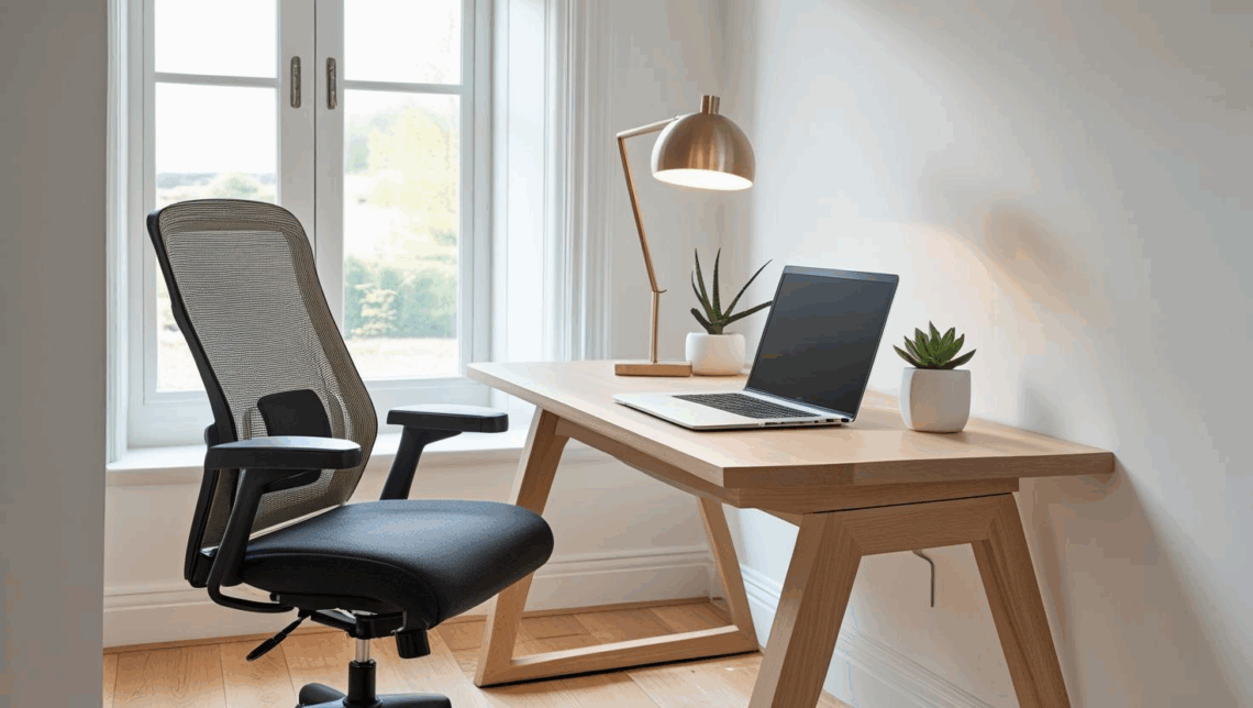Home office funcional em um cômodo da casa com mesa, cadeira ergonômica e decoração simples.