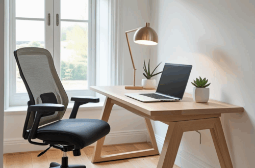 Home office funcional em um cômodo da casa com mesa, cadeira ergonômica e decoração simples.