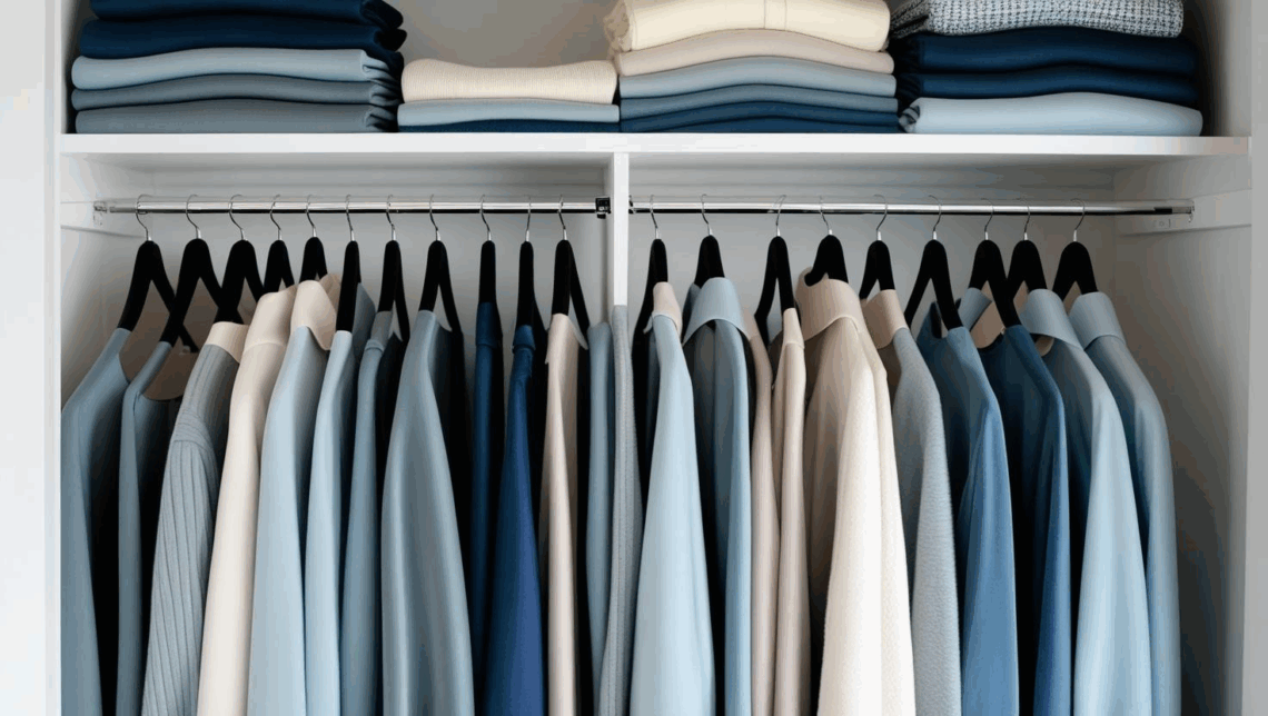 Guarda-roupa pequeno otimizado com cabides finos de veludo, roupas alinhadas e organizadas de forma prática.