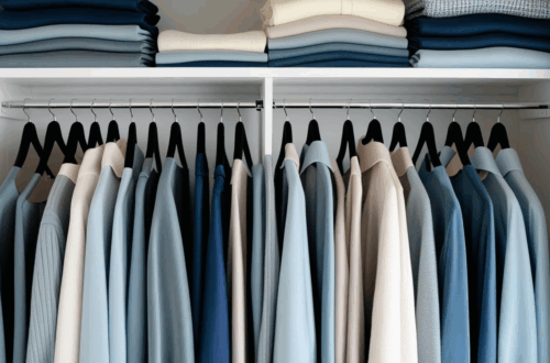 Guarda-roupa pequeno otimizado com cabides finos de veludo, roupas alinhadas e organizadas de forma prática.