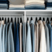 Guarda-roupa pequeno otimizado com cabides finos de veludo, roupas alinhadas e organizadas de forma prática.