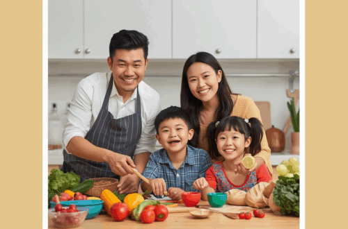 Mesa com alimentos saudáveis como salmão, frutas, oleaginosas e chocolate amargo, simbolizando nutrição para a saúde mental e redução do estresse.