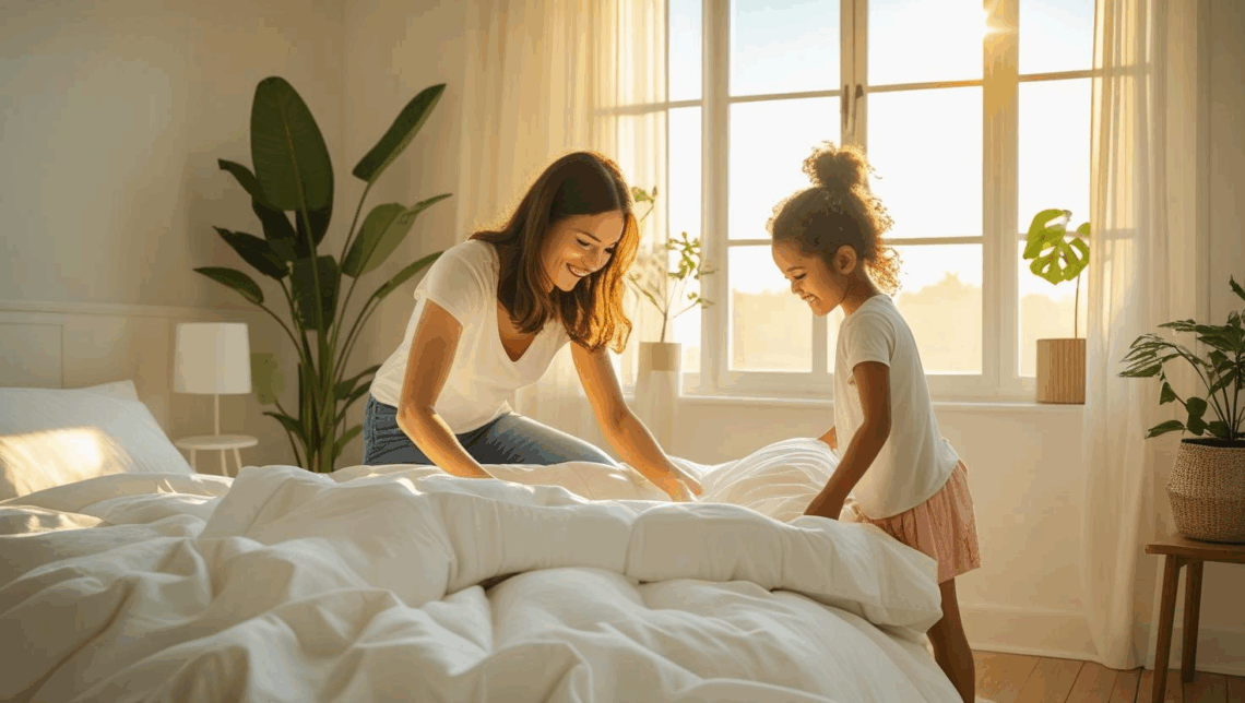 Pessoa arrumando a cama de manhã com luz natural, simbolizando o início de uma rotina matinal de organização da casa.