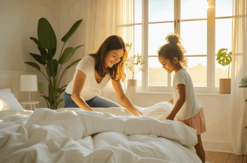 Pessoa arrumando a cama de manhã com luz natural, simbolizando o início de uma rotina matinal de organização da casa.