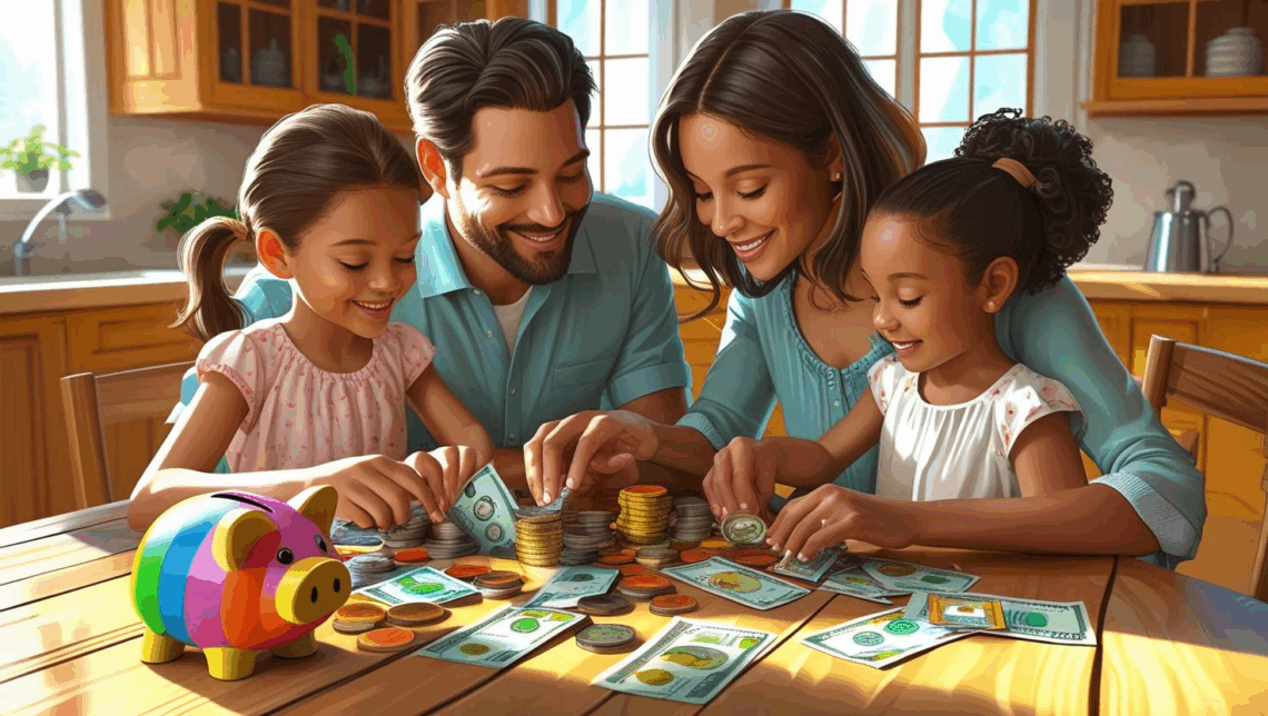 Pais ensinando filhos sobre dinheiro em casa, com cofrinho e moedas sobre a mesa, representando educação financeira infantil de forma lúdica.