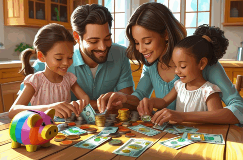 Pais ensinando filhos sobre dinheiro em casa, com cofrinho e moedas sobre a mesa, representando educação financeira infantil de forma lúdica.