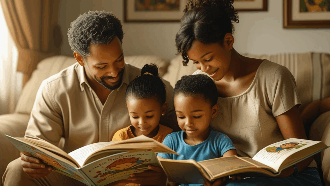 Família lendo junta em um ambiente acolhedor, representando o aprendizado e o autoconhecimento na parentalidade.