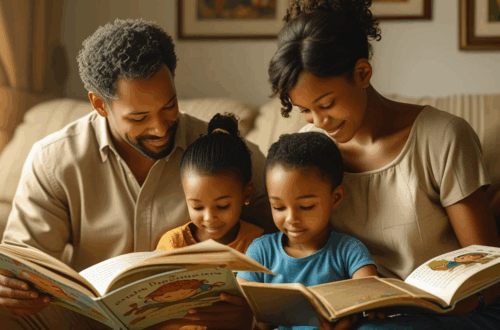 Família lendo junta em um ambiente acolhedor, representando o aprendizado e o autoconhecimento na parentalidade.