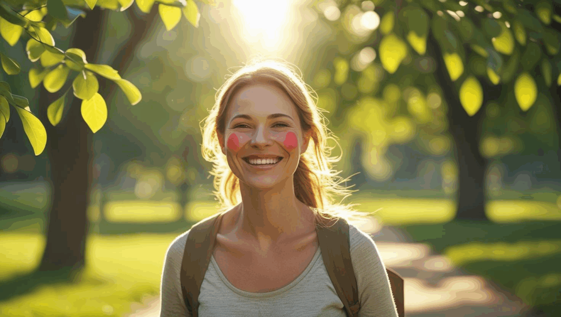 Mulher feliz caminhando em um parque verde sob luz natural, simbolizando saúde e energia através da atividade física