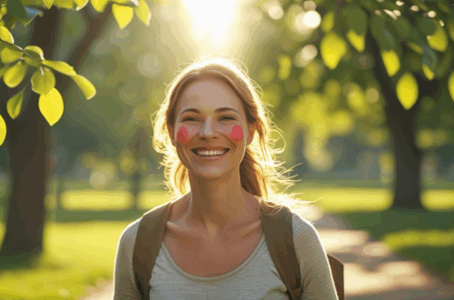 Mulher feliz caminhando em um parque verde sob luz natural, simbolizando saúde e energia através da atividade física