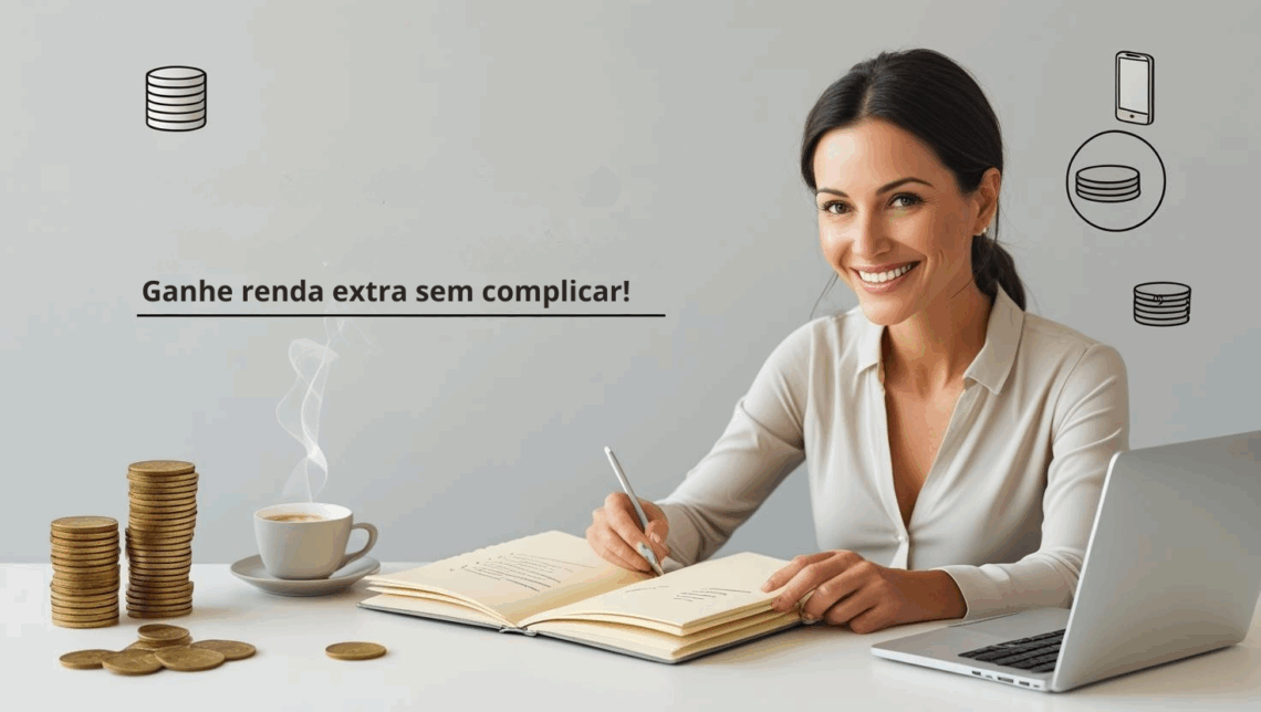Pessoa planejando como ganhar renda extra com ideias simples, rodeada de símbolos de trabalho remoto, vendas, comida caseira e dinheiro.