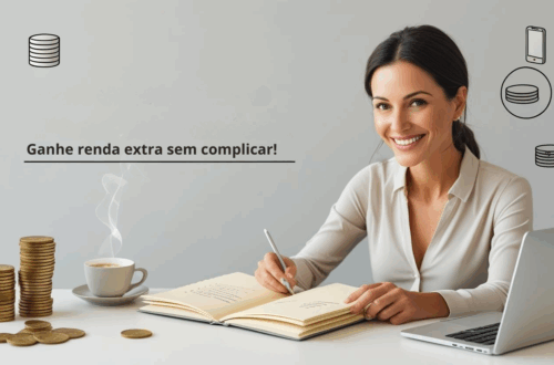 Pessoa planejando como ganhar renda extra com ideias simples, rodeada de símbolos de trabalho remoto, vendas, comida caseira e dinheiro.