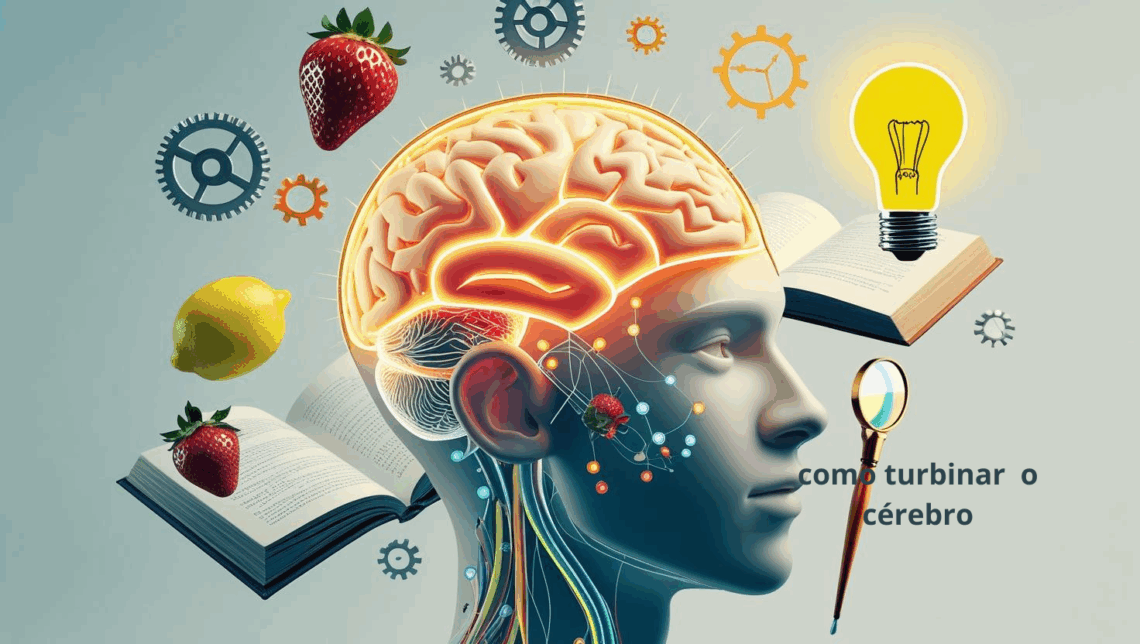 Ilustração de um cérebro ativo com ícones de foco, saúde, alimentação e aprendizado ao redor, representando hábitos para turbinar a mente.