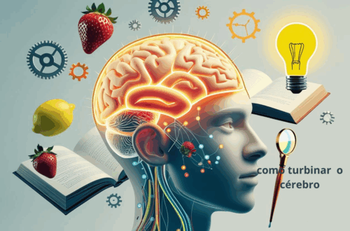 Ilustração de um cérebro ativo com ícones de foco, saúde, alimentação e aprendizado ao redor, representando hábitos para turbinar a mente.