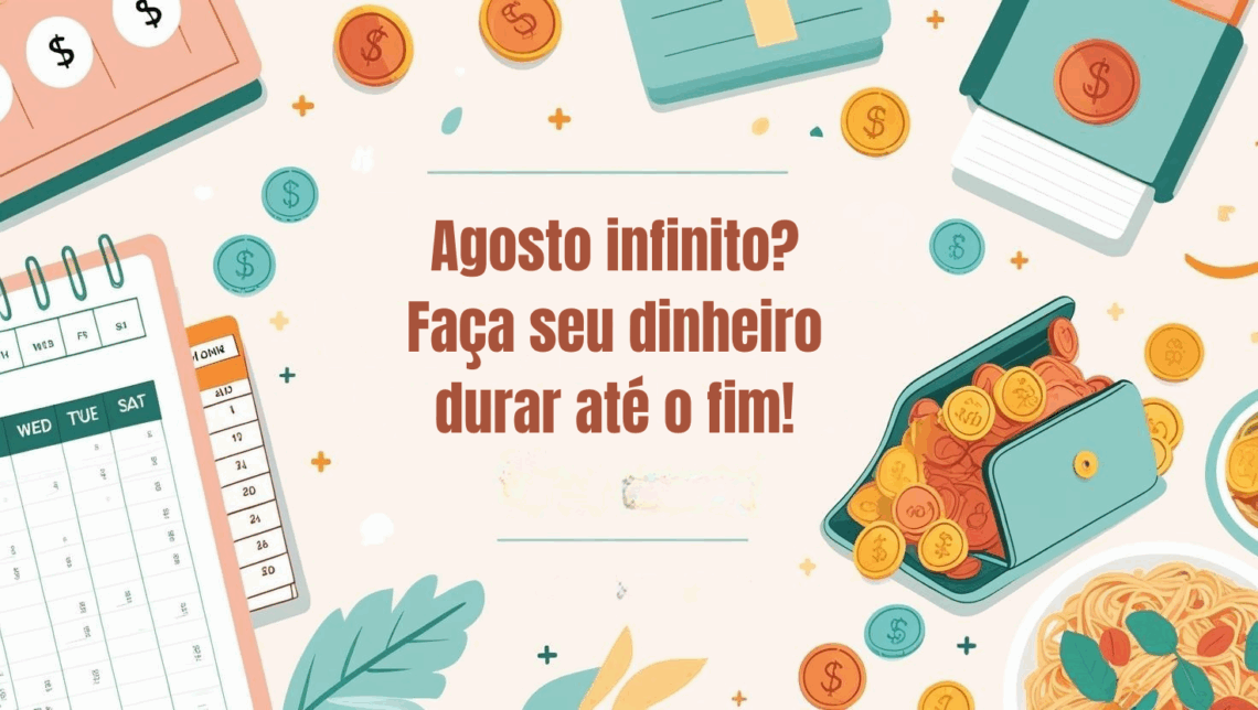 Ilustração de calendário de agosto com cinco semanas, carteira com moedas e uma pessoa planejando despesas para representar como economizar em meses longos.