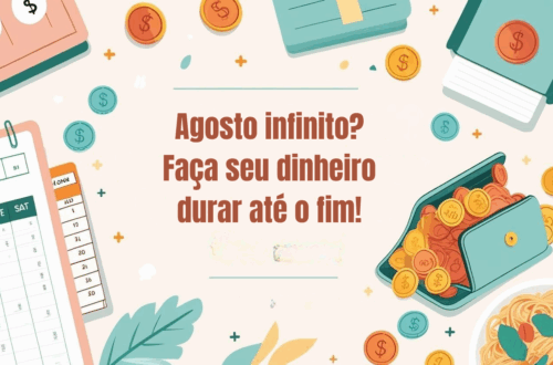 Ilustração de calendário de agosto com cinco semanas, carteira com moedas e uma pessoa planejando despesas para representar como economizar em meses longos.