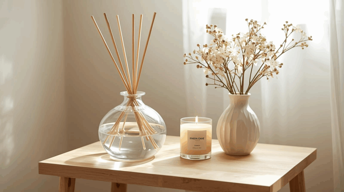 Difusor de ambiente em frasco de vidro com varetas de rattan sobre mesa decorada, em ambiente iluminado e aconchegante.