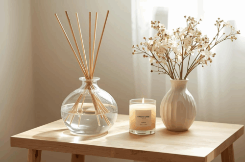 Difusor de ambiente em frasco de vidro com varetas de rattan sobre mesa decorada, em ambiente iluminado e aconchegante.
