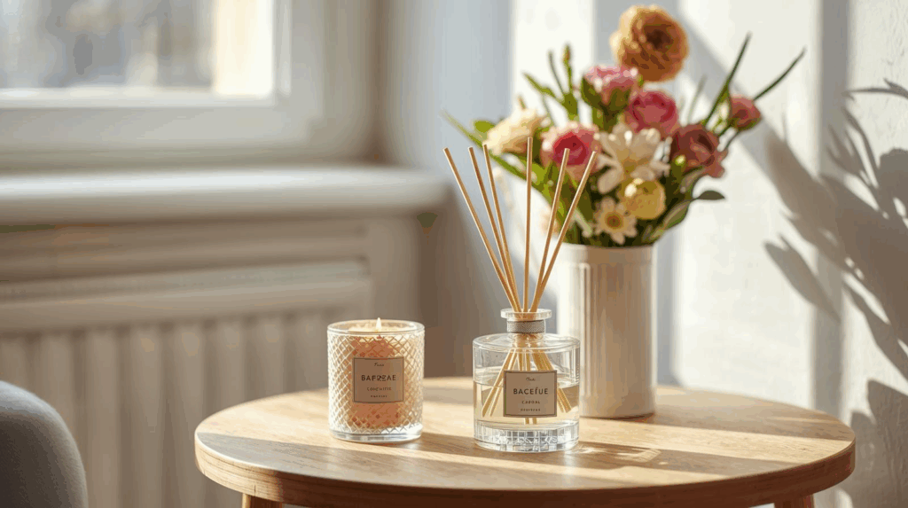 Difusor de ambiente em frasco de vidro com varetas de rattan sobre mesa decorada, em ambiente iluminado e aconchegante.
